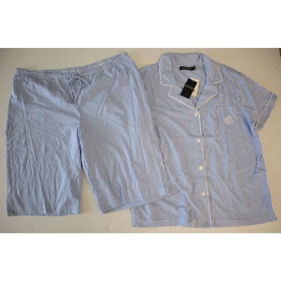 Lauren Ralph Lauren Women's Sz XL 2-Pc Striped Bingham Bermuda Cotton Pajama Set - Picture 1 of 9